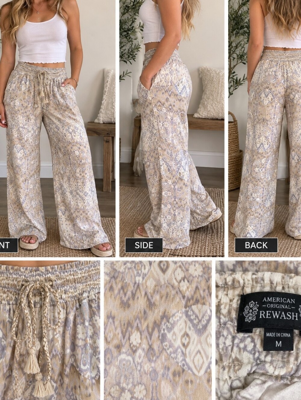 American Original Rewash Boho Wide Leg Pants Linen Blend Y2K